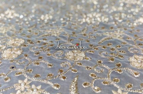 Zari work, Thread Embroidery with Moti on Beige Dyed Net Fabric Dno1296