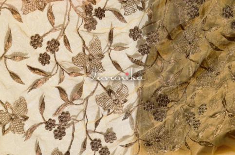 Zari (Antique) embroidery on beige dyed nylon net-D.no.1944